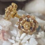 Antique Gold-Plated Floral Stud Earrings with Black Stone Detailing – Traditional Ethnic Design