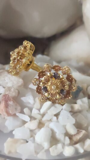 Antique Gold-Plated Floral Stud Earrings with Black Stone Detailing – Traditional Ethnic Design